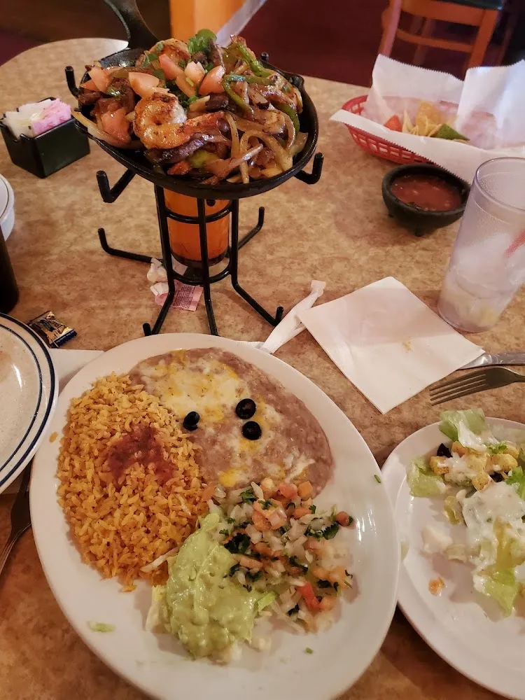 Beef Chicken and Shrimp and Rice and Beans and Salad